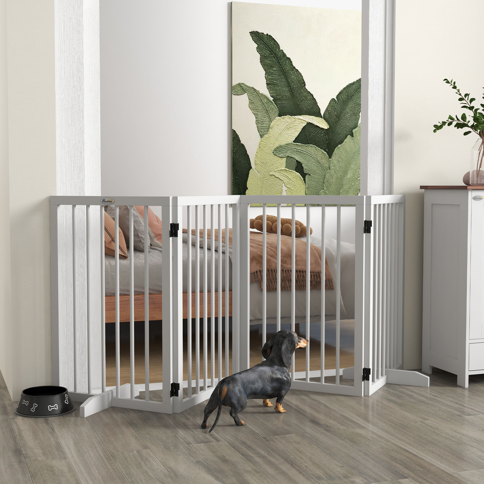 Barrière de sécurité chien 4 panneaux modulable autoportante dim. max. 206L x 35l x 76H cm bois blanc