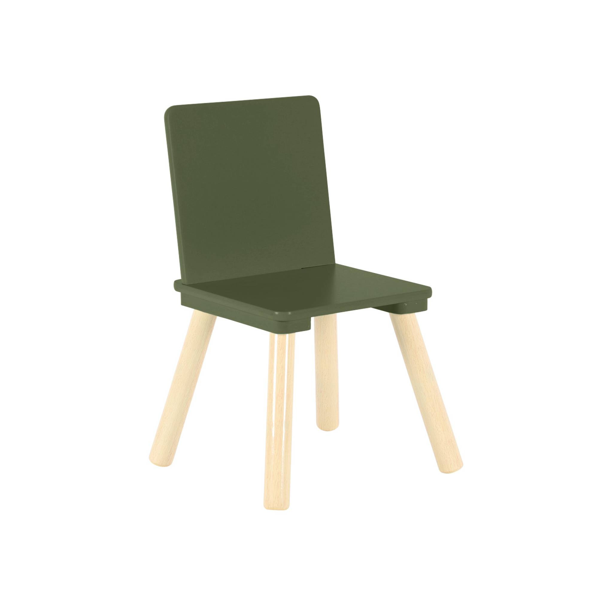 Table carrée enfant avec 2 chaises. pieds en pin. vert olive
