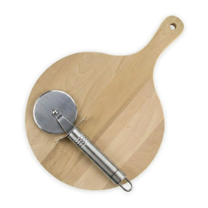 Planche à pizza 30 cm en bois et roulette Fackelmann Boissellerie