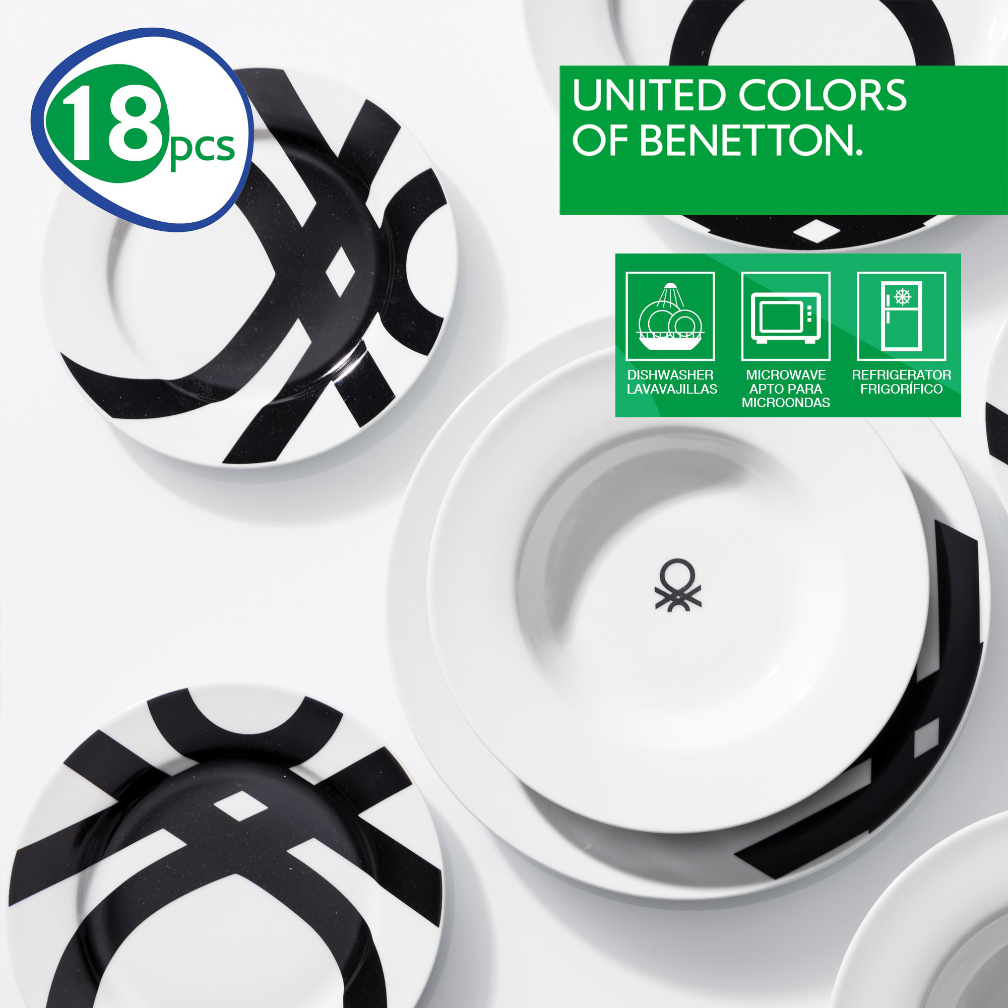 Set 18pcs vajilla porcelana diseño logo estampado negro  benetton