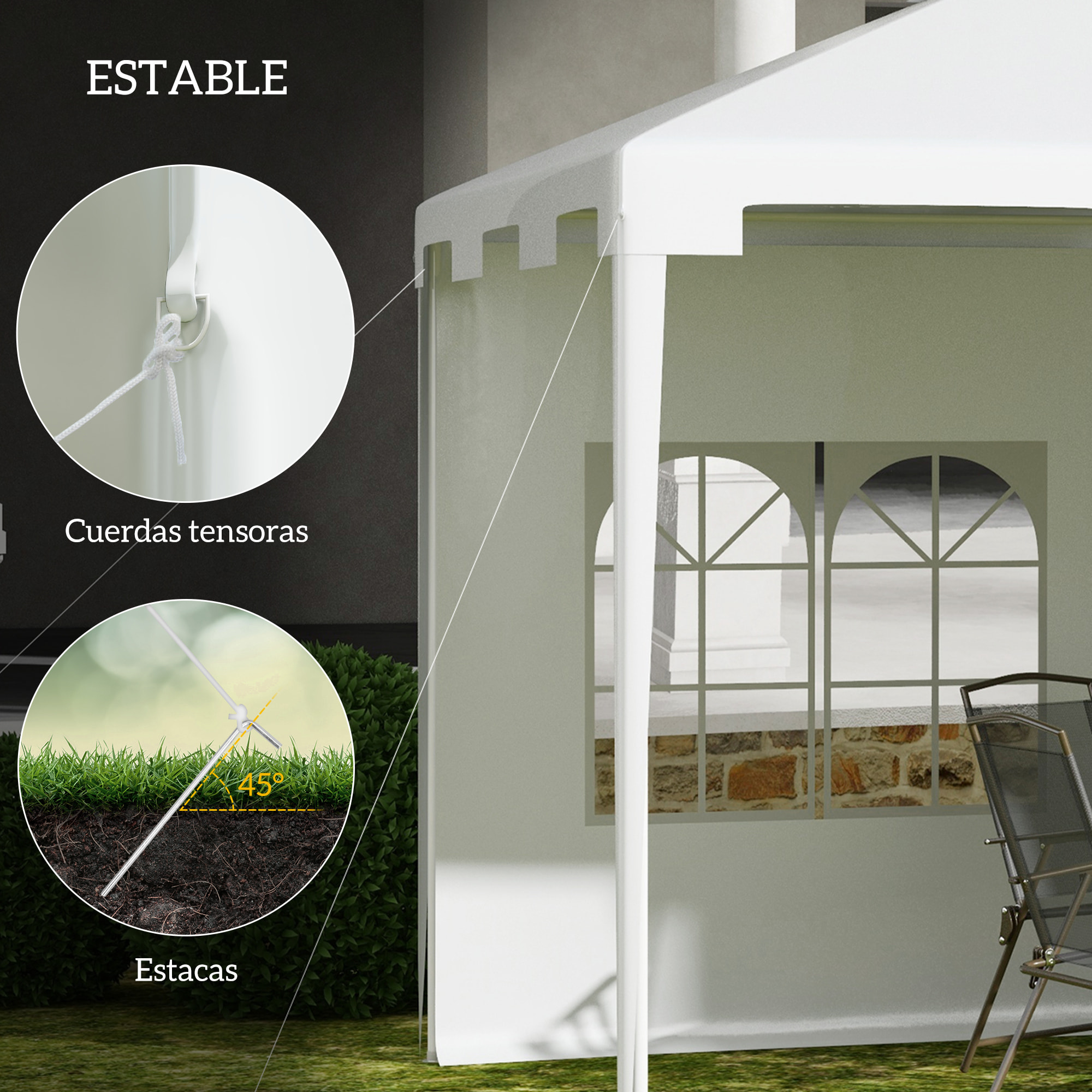 Carpa de Jardín 4x3 m Cenador Desmontable Exterior Gazebo con 2 Paneles Laterales 2 Ventanas y Marco de Acero Anti-UV Impermeable para Terraza Patio Blanco