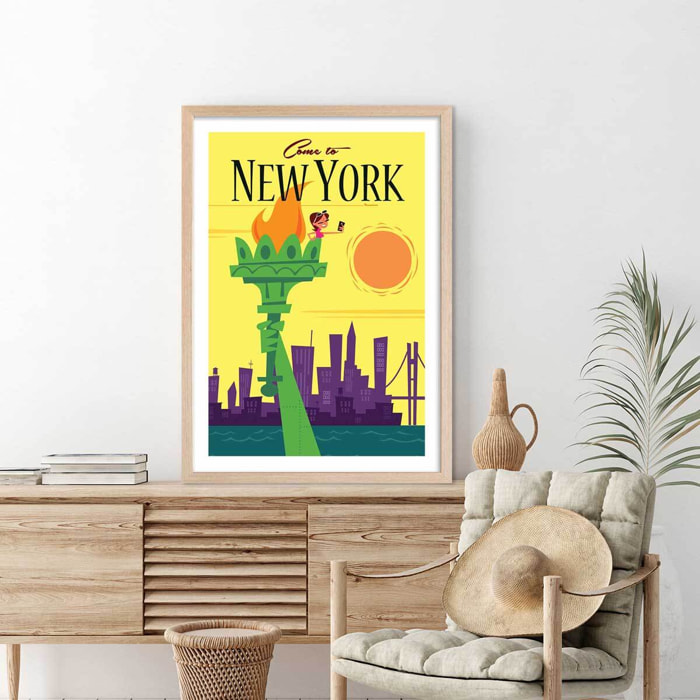 Affiche Voyage à New York Affiche + cadre en bois - Chêne