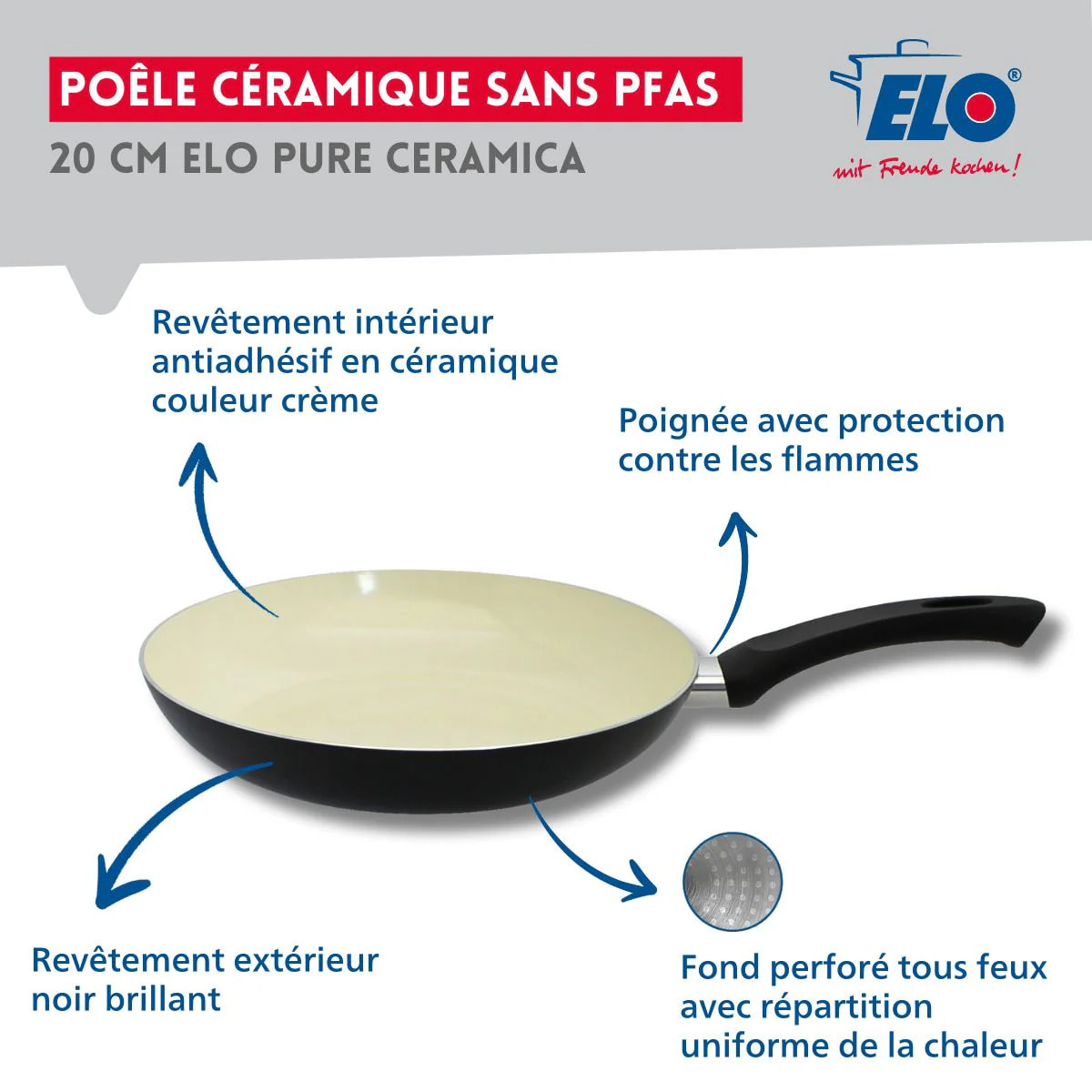 Poêle 20 cm céramique sans PFAS et couvercle Elo Pure Ceramica