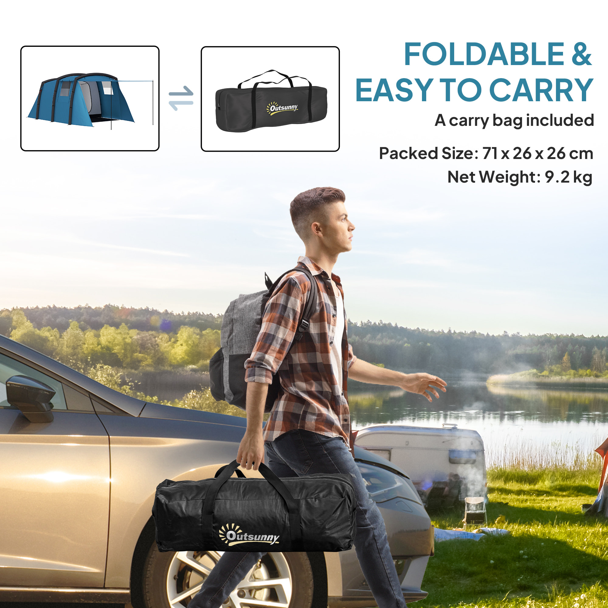 Tente de camping gonflable tunnel - 3-6 personnes - 420 x 200 x 150 cm - pompe incluse - bleu