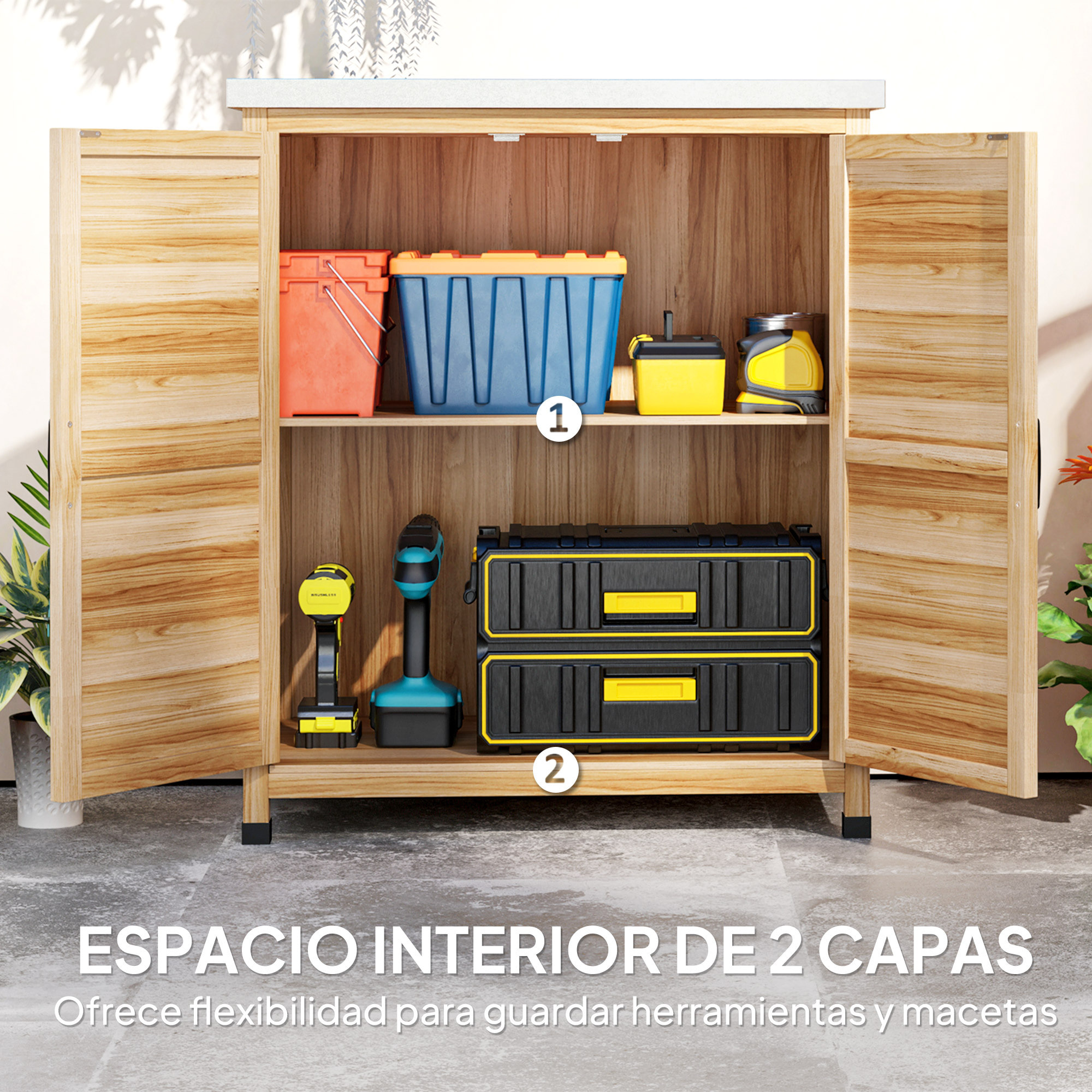 Armario de Exterior de Madera, Caseta de Jardín Exterior con Techo de Acero Galvanizado, Estante, 2 Puertas, Cobertizo de Jardín para Almacenamiento de Herramientas, 79x43x92 cm, Natural