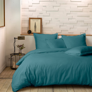 Parure housse de couette 100% percale de coton unie bleu adriatique - Mura