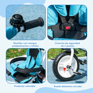 Triciclo Evolutivo para Bebés 6 en 1 Triciclo para Niños de 1-5 Años Bicicleta para Niños con Toldo Plegable Mango Telescópico Desmontable Cinturón de Seguridad y Cesto 95x50x106 cm Azul