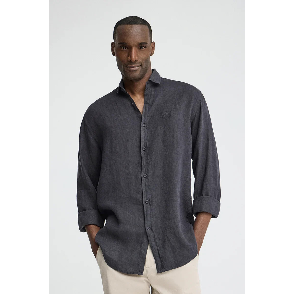 Camicia blu marino in lino regular fit con toppa Polo Club