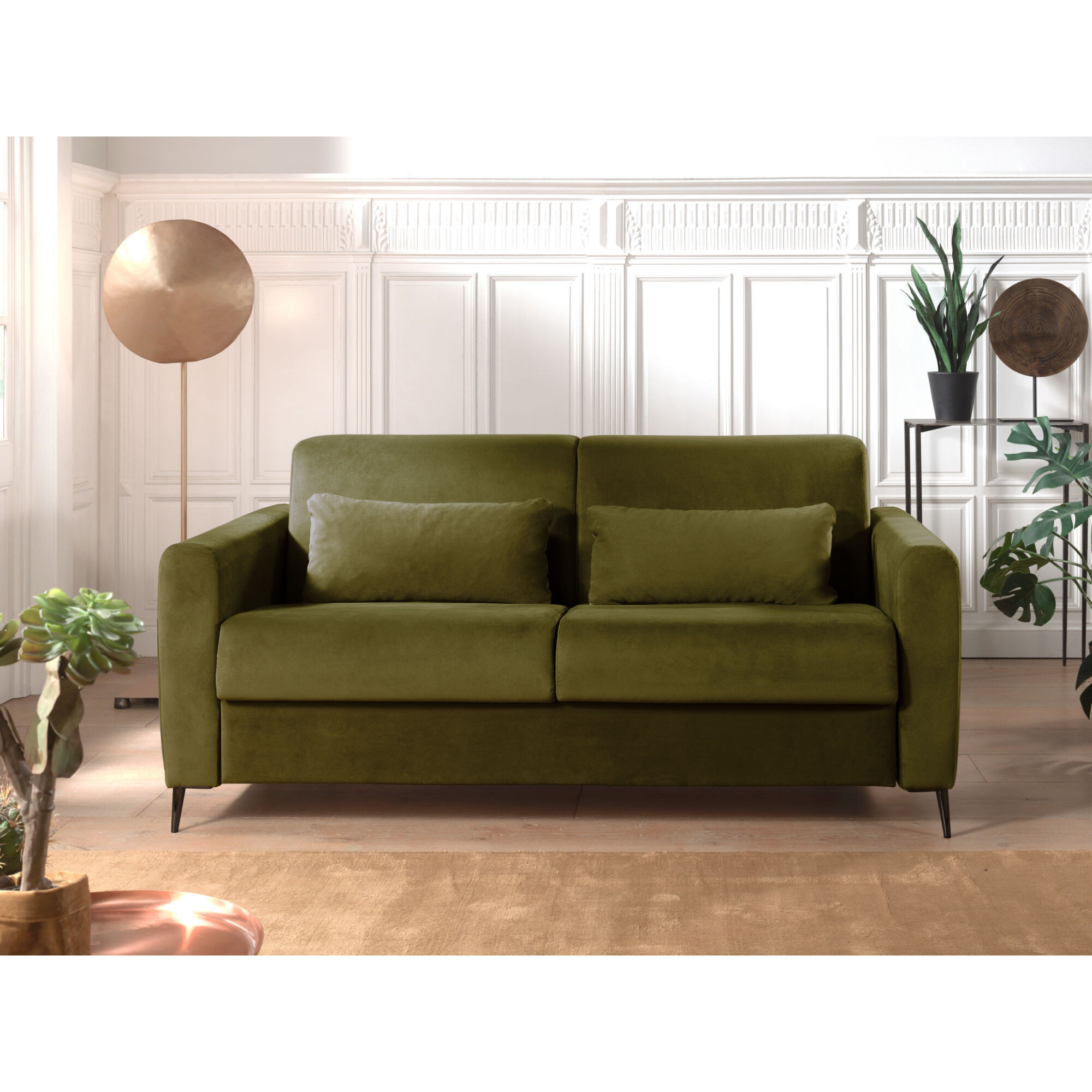Owen - canapé lit 3 places convertible express couchage quotidien 140 cm matelas 12 cm en velours - Vert Olive