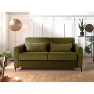 Owen - canapé lit 3 places convertible express couchage quotidien 140 cm matelas 12 cm en velours - Vert Olive