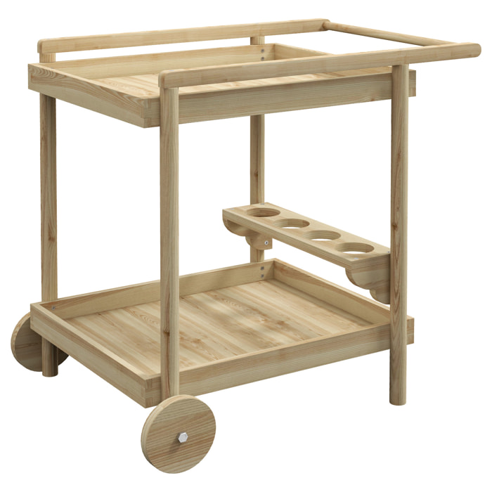 Desserte de jardin chariot pour plancha barbecue en bois avec poignée 2 plateaux et porte-bouteilles