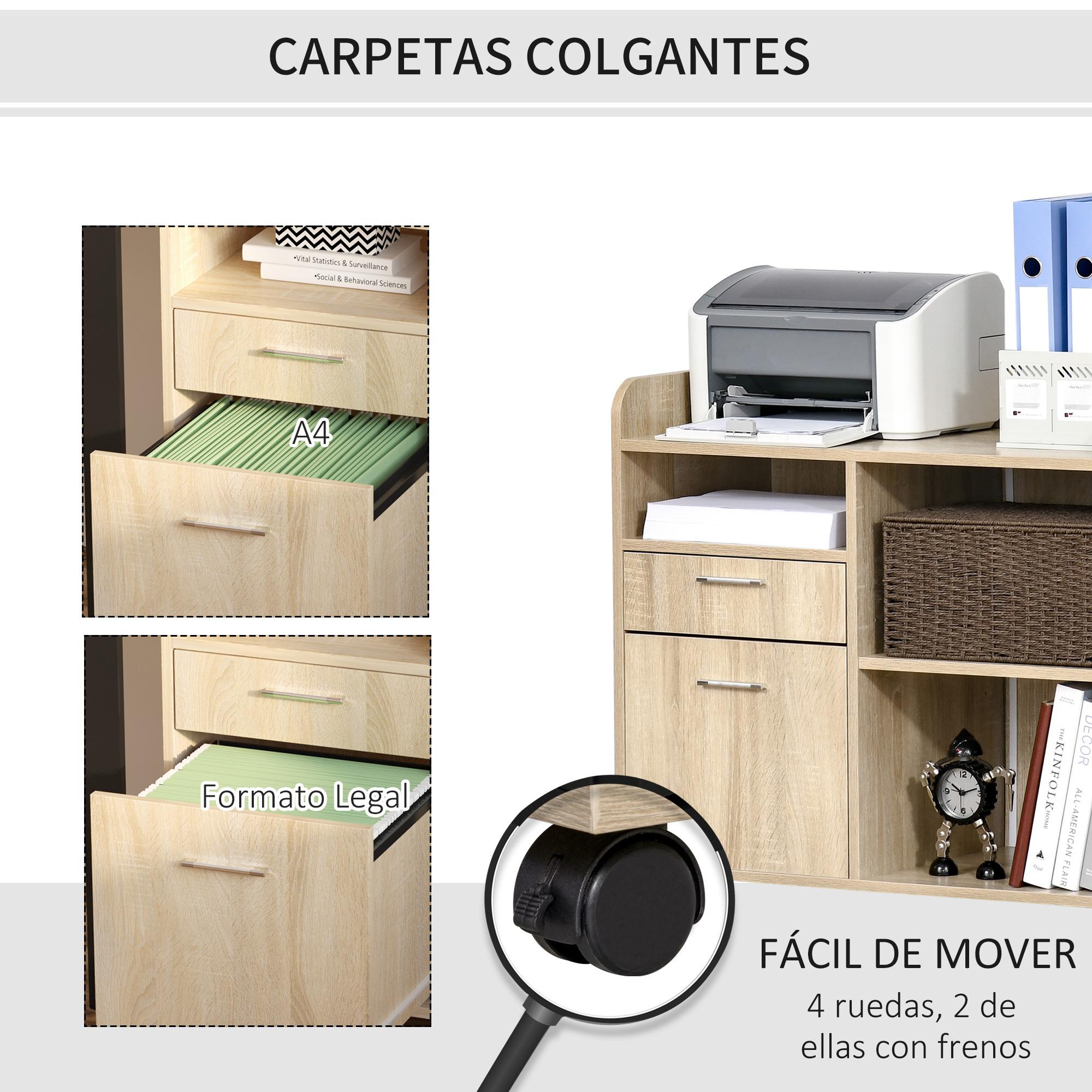 Vinsetto Armario para Impresora Carro Multifuncional de Oficina con 3 Compartimentos 2 Cajones para Archivos Estante Ajustable Ruedas con 2 Frenos 80x40x72 cm Roble