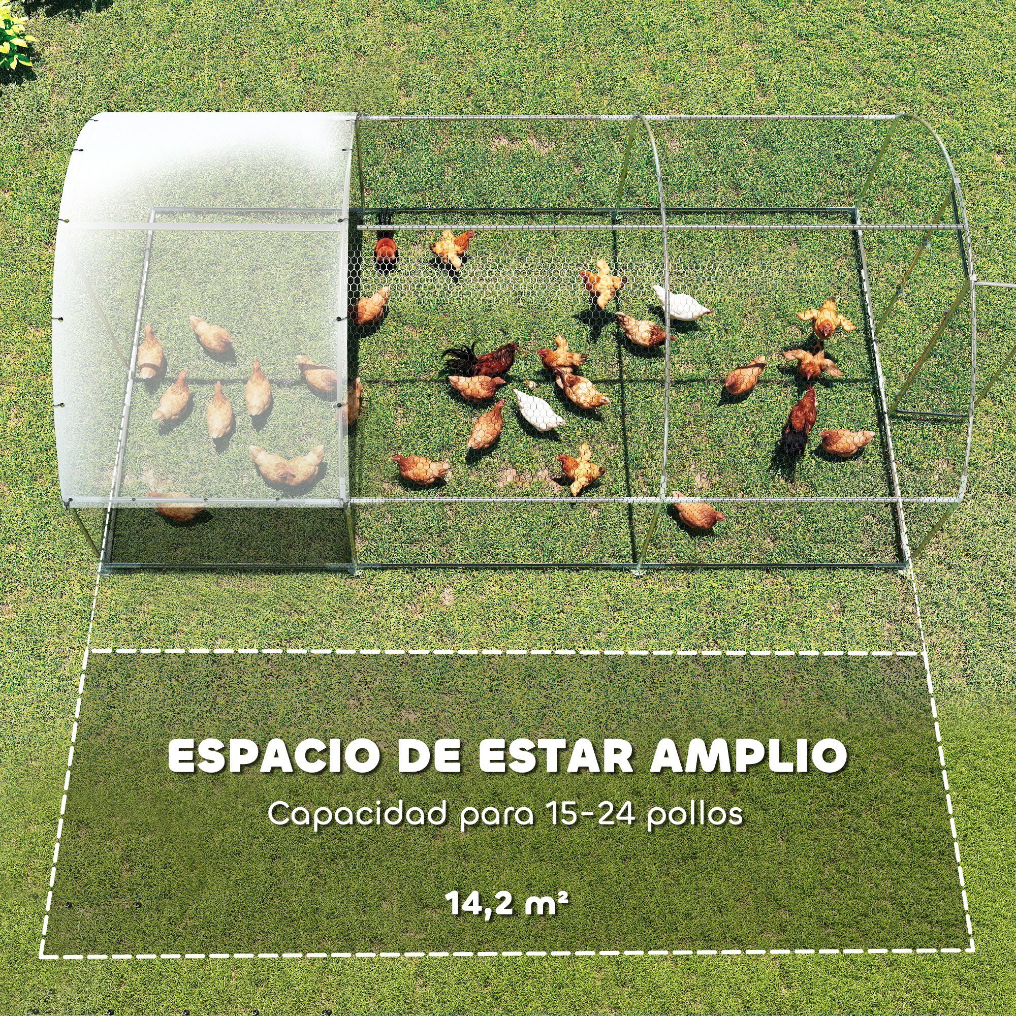 Gallinero para Exterior Grande, 2,8x5,1x1,9 m, 14,2 m², Gallinero de Acero Galvanizado con Cubierta de Tela Oxford, Anti-UV e Impermeable, Puerta y Pestillos, Jaula para 15-24 Gallinas, Plata