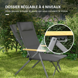 Chaise de camping pliable portable inclinable pochette rangement tétière alu accoudoirs bois gris