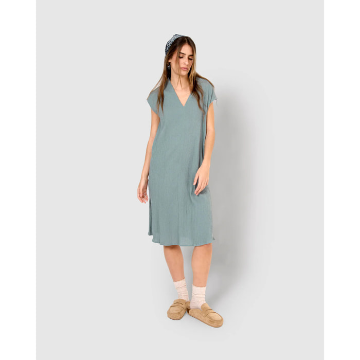 Vestido corto algodón lino verde azulado