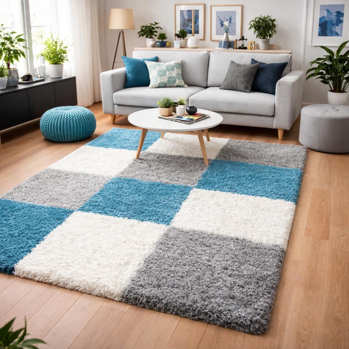 Tapis poils longs shaggy tissé motif damier JOJU