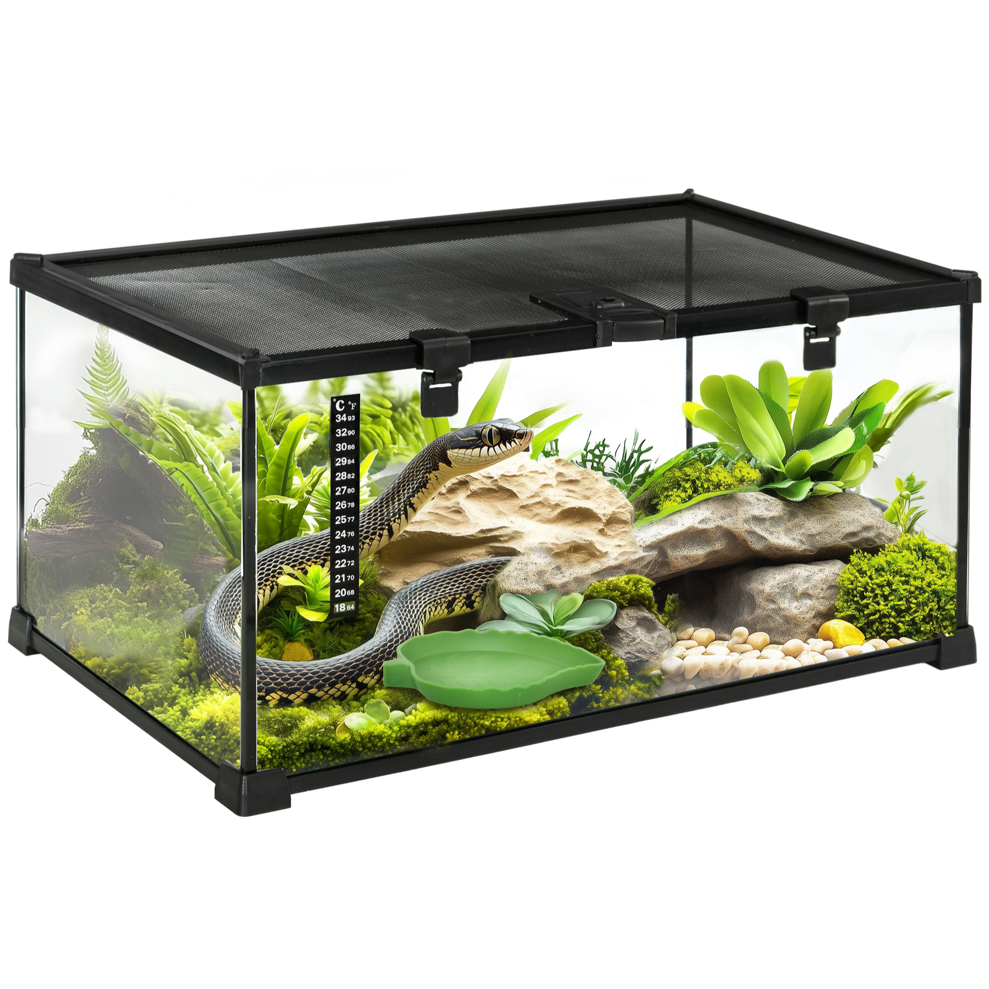 PawHut Terrario para Reptiles de Vidrio Templado con Termómetro, Cuenco de Agua, Vista Completa, Ventilación, Terrario para Lagartos, Ranas Cornudas, Serpientes, Arañas, 50x30x25 cm, Negro