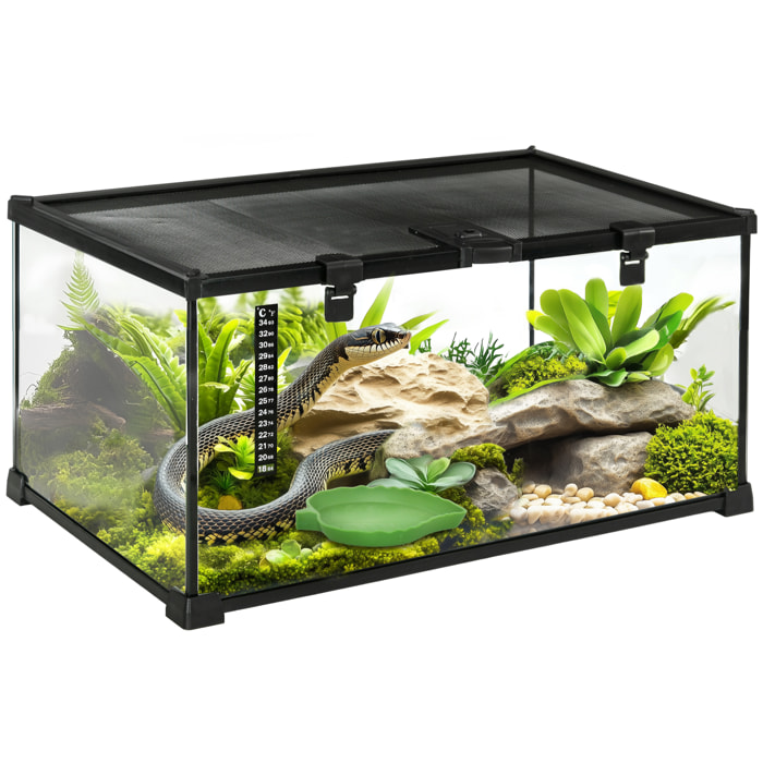 PawHut Terrario para Reptiles de Vidrio Templado con Termómetro, Cuenco de Agua, Vista Completa, Ventilación, Terrario para Lagartos, Ranas Cornudas, Serpientes, Arañas, 50x30x25 cm, Negro