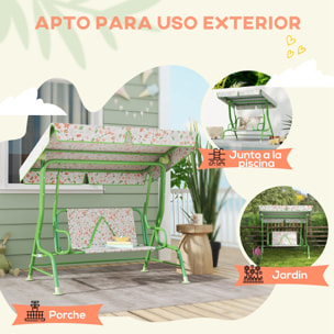 Columpio de Jardín Exterior para Niños de +3 Años Balancín de Jardín Exterior de 2 Plazas con Toldo Ajustable Arnés de Seguridad y Estampados Bonitos 112x75x120 cm Verde