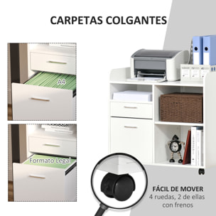 Armario para Impresora Carro Multifuncional de Oficina con 3 Compartimentos 2 Cajones para Archivos Estante Ajustable Ruedas con 2 Frenos 80x40x72 cm Blanco