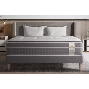 Pack cama completa - Colchón Muelles ensacados y espuma viscoelástica - Kit de base de cama - Gris - Trente PLUS con 2 almohadas y 1 edredón