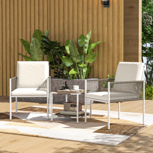 Conjunto de Jardín Exterior de 3 Piezas Juego de 2 Sillas y Mesa de Ratán con Cojines Acolchados y Encimera de Vidrio para Balcón Terraza Marrón y Crema