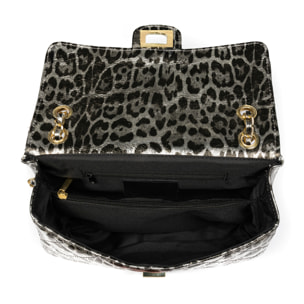 Caeli borsa a spalla Donna. Vera pelle scamosciata imbottita, stampa animale leopardata, laccato lucido.