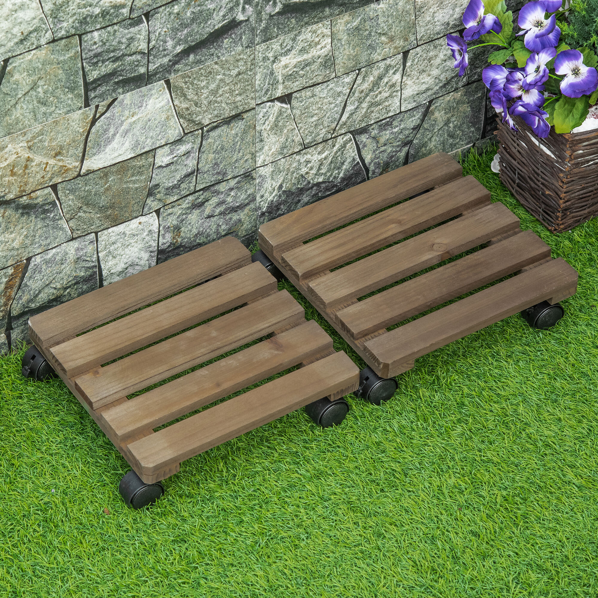 Pack de 2 Plataformas con Ruedas de Madera, Soportes para Plantas con Ruedas 360 ° Giratorias Bloqueables, Bases para Macetas, Exterior, Interior, Jardín, Carga 50 kg, Marrón Oscuro
