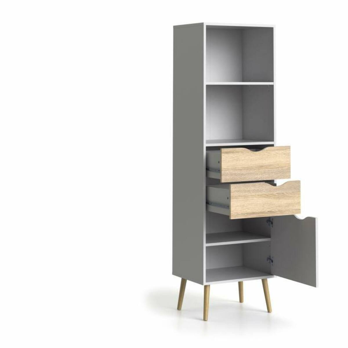 Libreria in stile scandi a due ripiani due cassetti e un'antina, colore bianco e rovere, Misure 50 x 171 x 39 cm