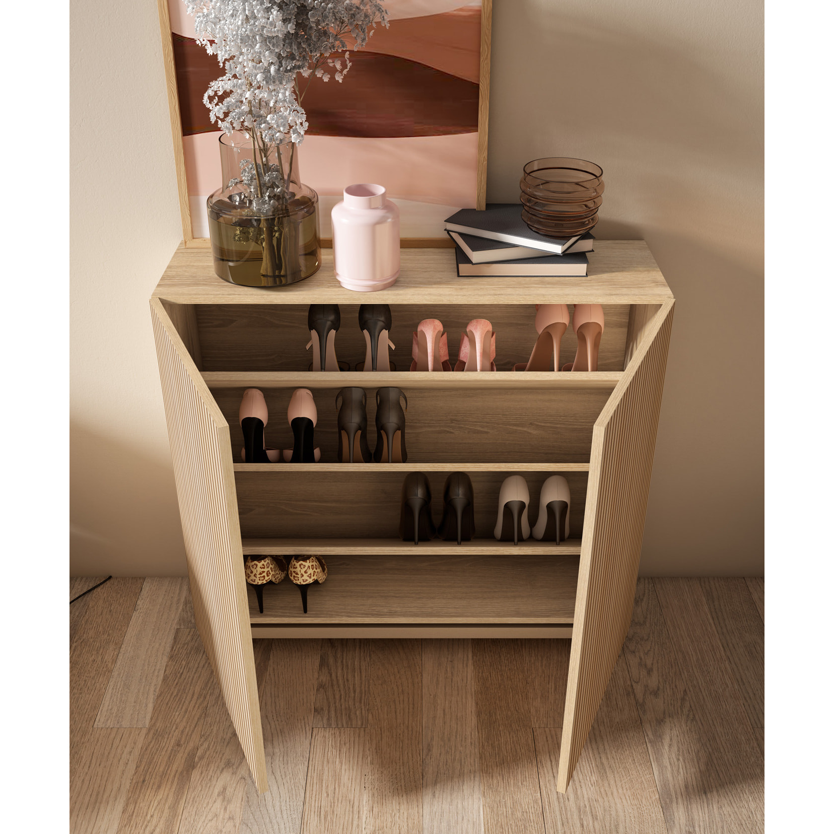 Zapatero Hanko melamina roble dorado puertas impresión vallado 90x90x27cm