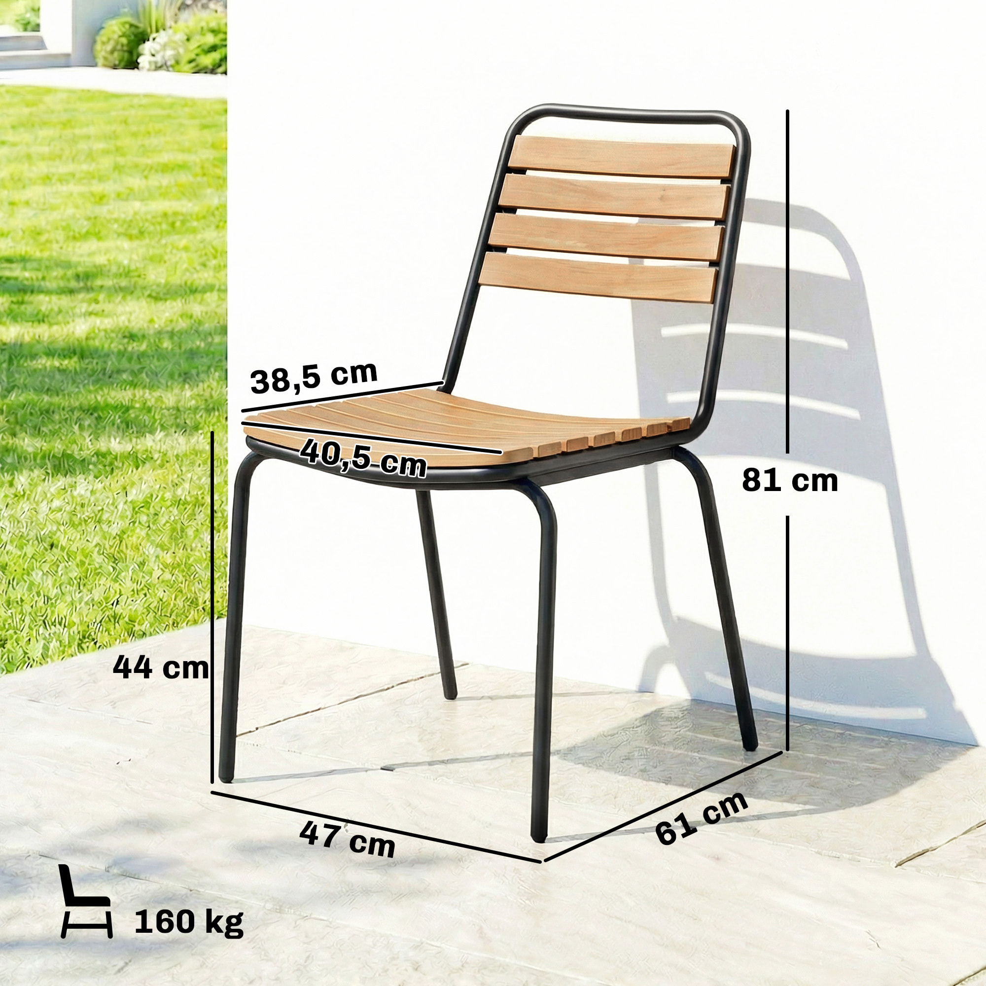 Lot de 2 chaises de jardin empilables acier noir bois eucalyptus pré-huilé