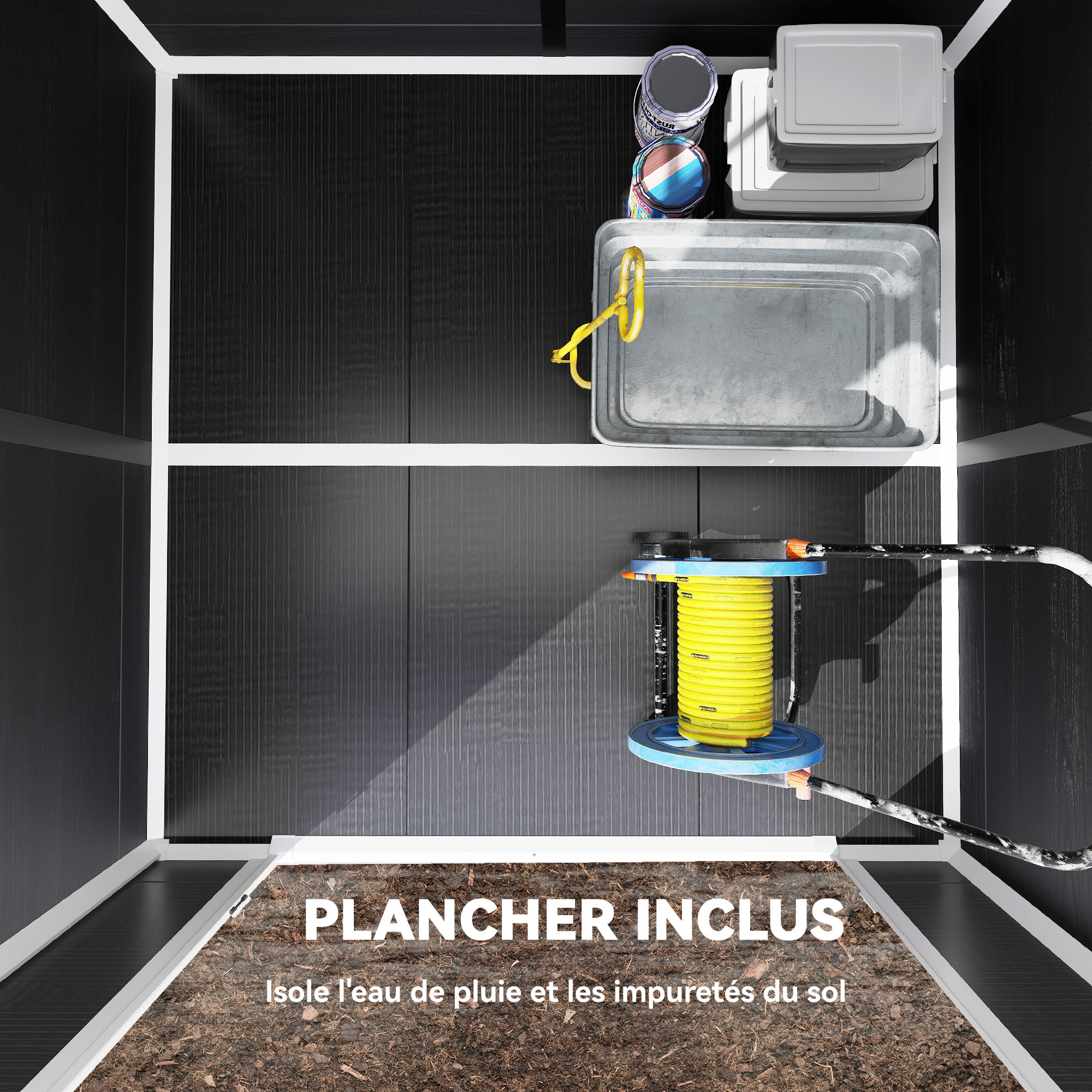 Abri de jardin 2,89 m² portes verrouillable plancher fenêtres aérations résine PP effet bois gris blanc