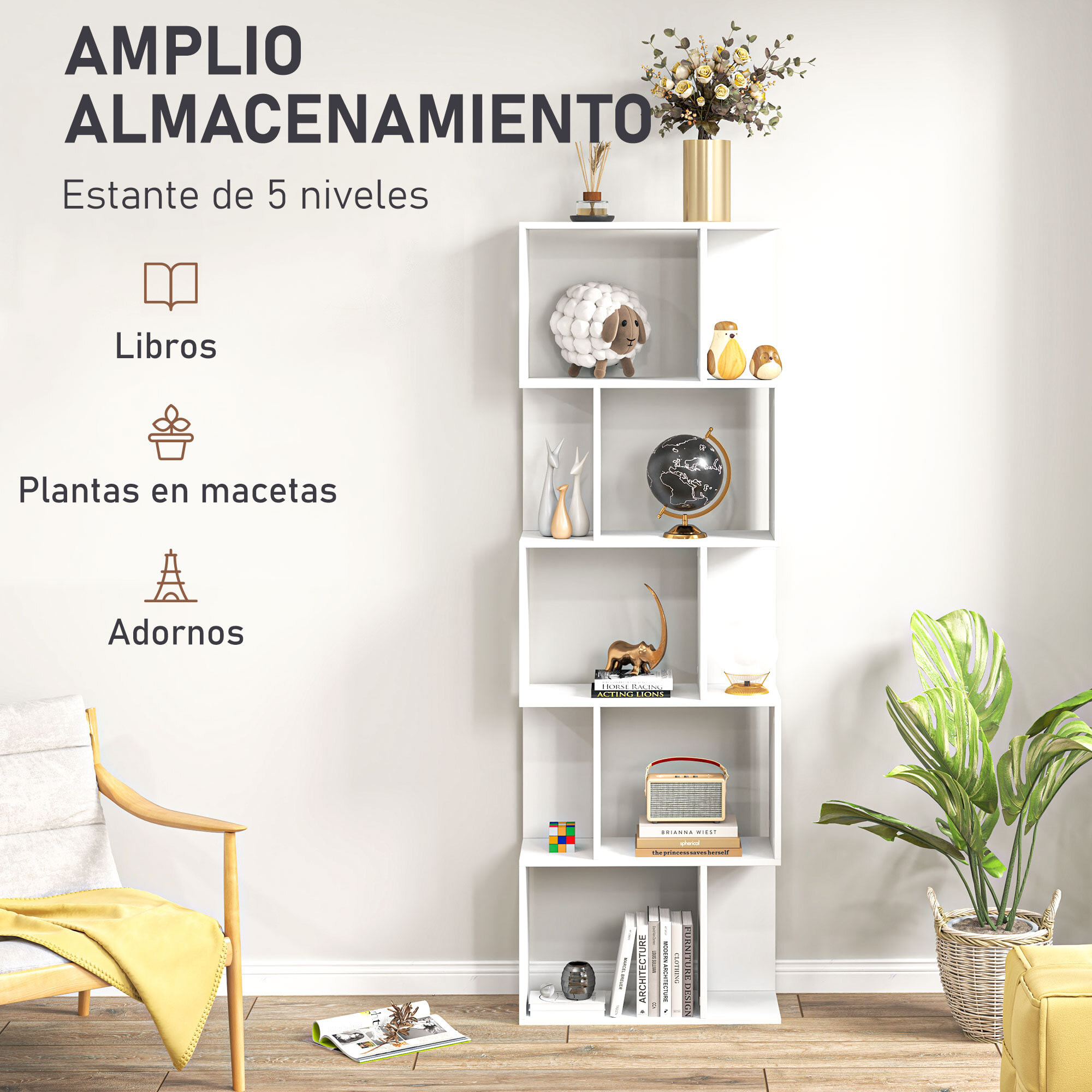Librería de 5 Niveles, Estantería para Libros en Forma de S con 10 Estantes, para Sala de Estar, Dormitorio, Estudio, Oficina, 60x24x184,5 cm, Blanco