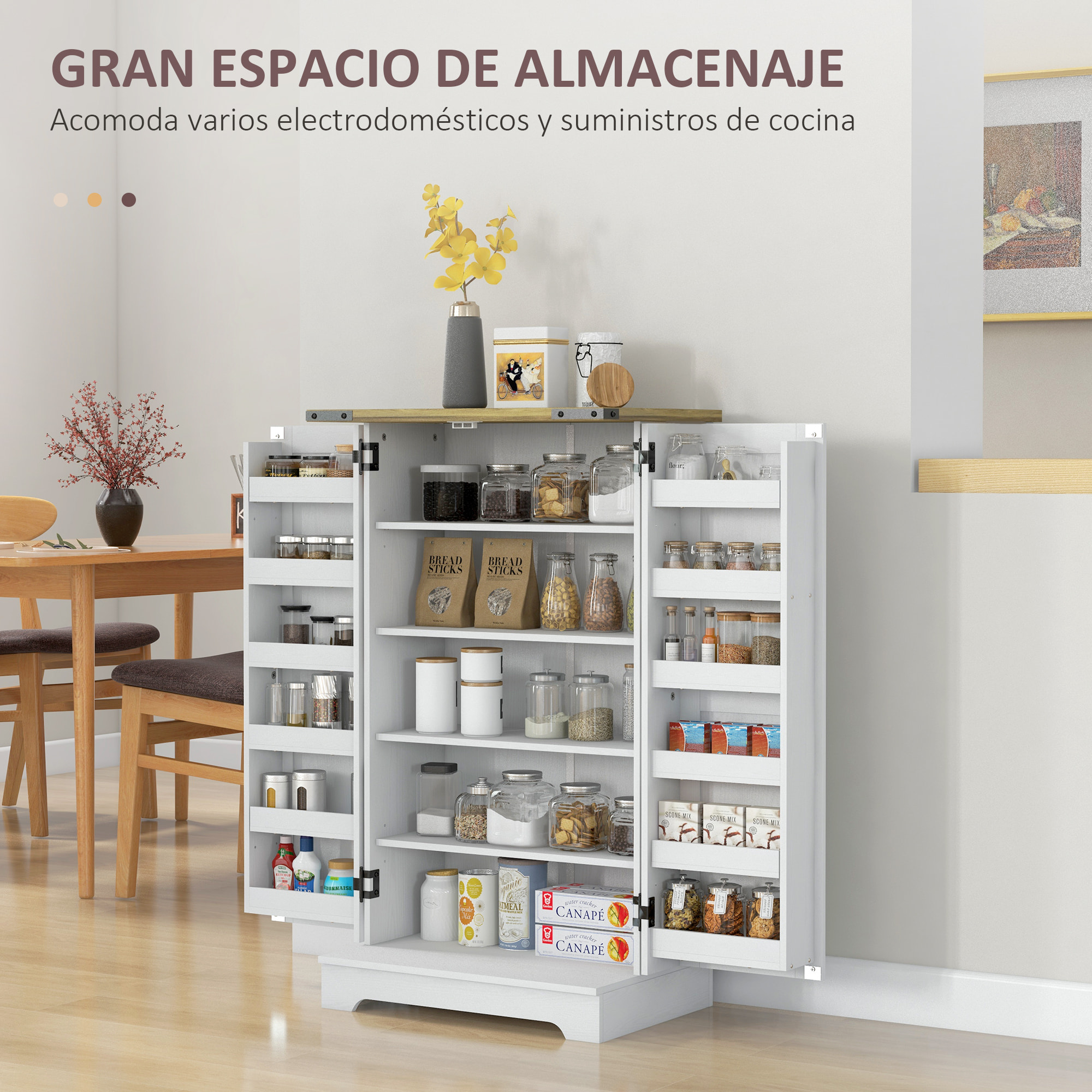 Armario Despensa Cocina Armario de Cocina con 2 Puertas y 16 Estantes Alacena Rústica con Estantes Ajustables para Comedor Salón 60x40x104 cm Crema