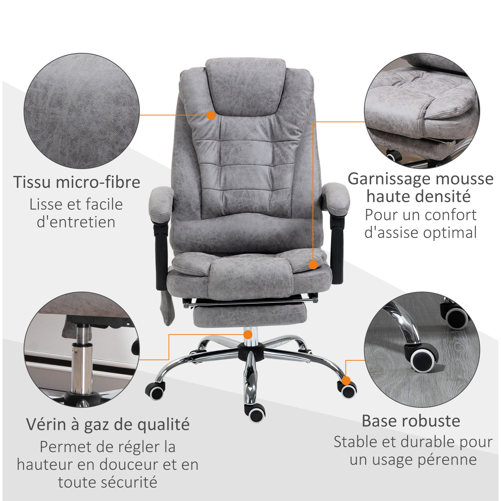 Fauteuil de bureau direction massant chauffant hauteur réglable dossier inclinable repose-pied rétractable tissu technique gris