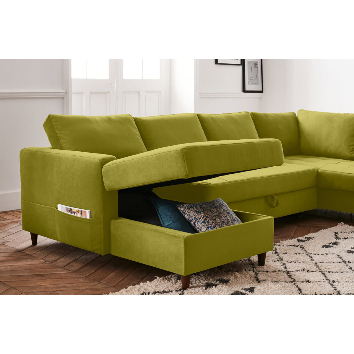 Anna - canapé panoramique d'angle droit - 7 places - convertible avec coffre - en velours - Vert Olive