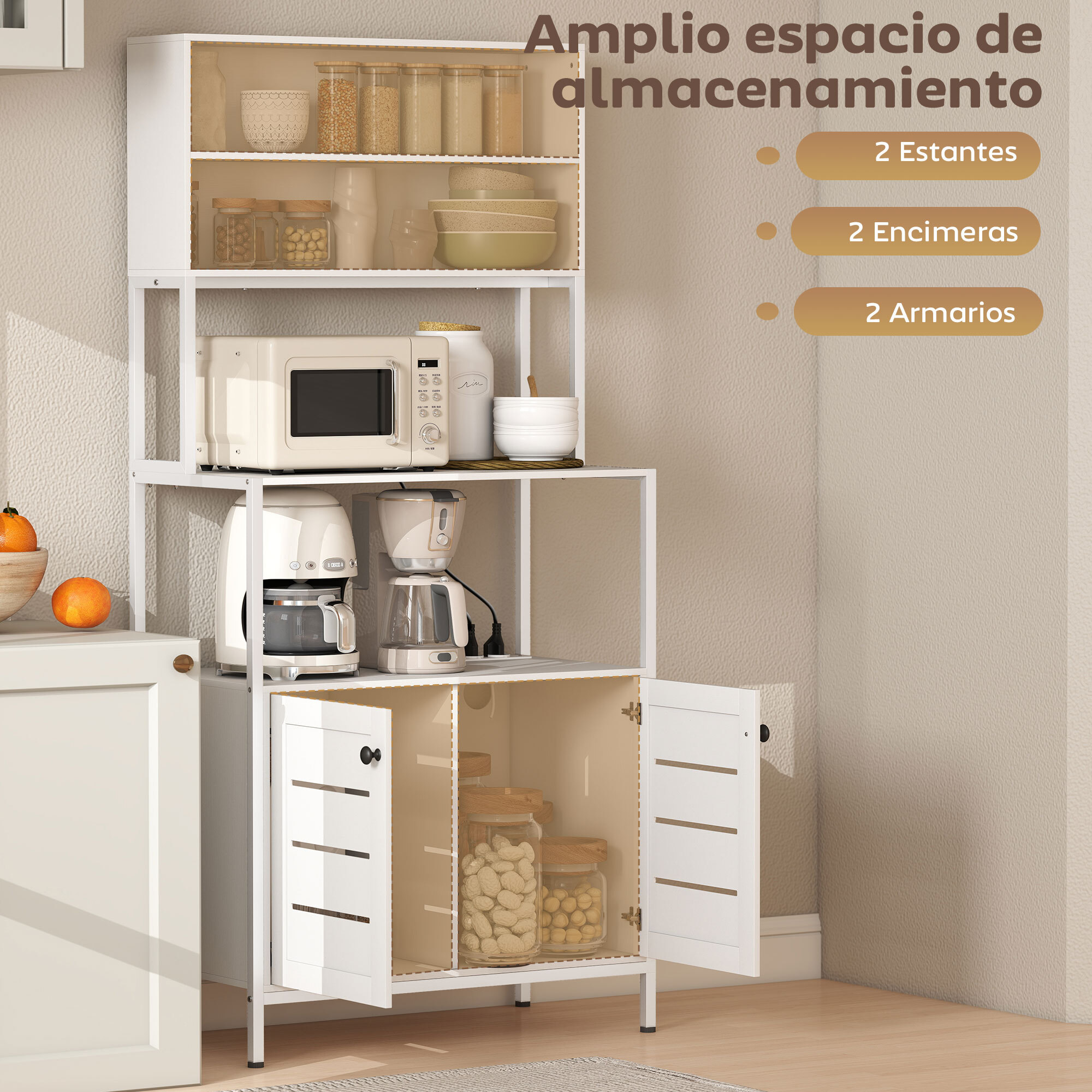 Estantería de Cocina con Toma de Corriente Soporte para Microondas Estante de Cocina con 2 Puertas con Lamas 2 Puertos USB y Compartimentos para Comedor Salón Blanco