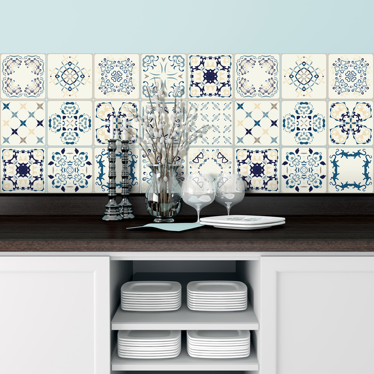 Stickers muraux - Sticker Mural Carrelage adhésif Cuisine Salle de Bain - 24 STICKERS CARRELAGES AZULEJOS GIROLAMO