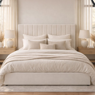 Lit Coffre Giulia Velours Beige, Grand Volume de Rangement, Sommier à Lattes Inclus