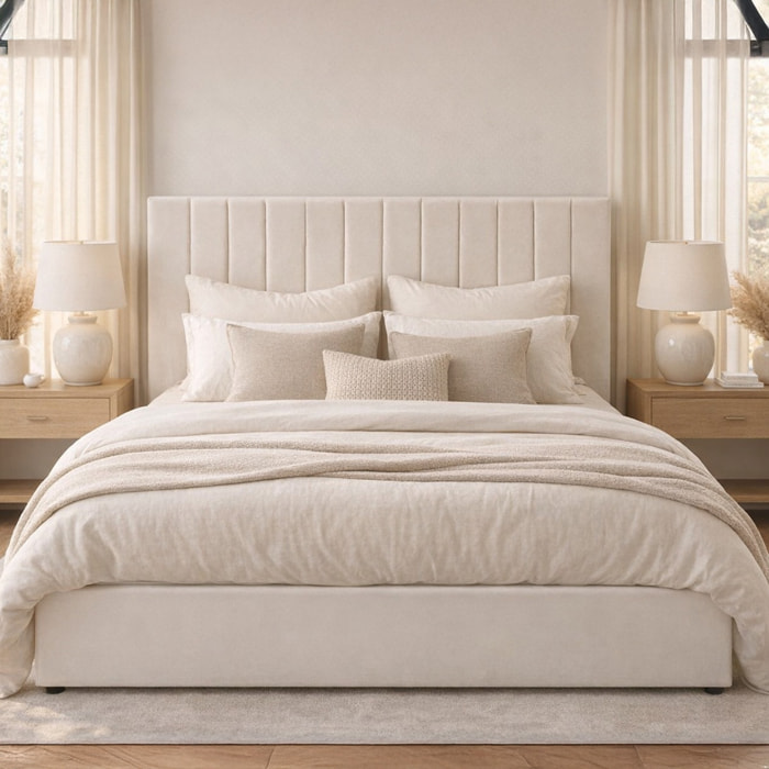 Lit Coffre Giulia Velours Beige, Grand Volume de Rangement, Sommier à Lattes Inclus
