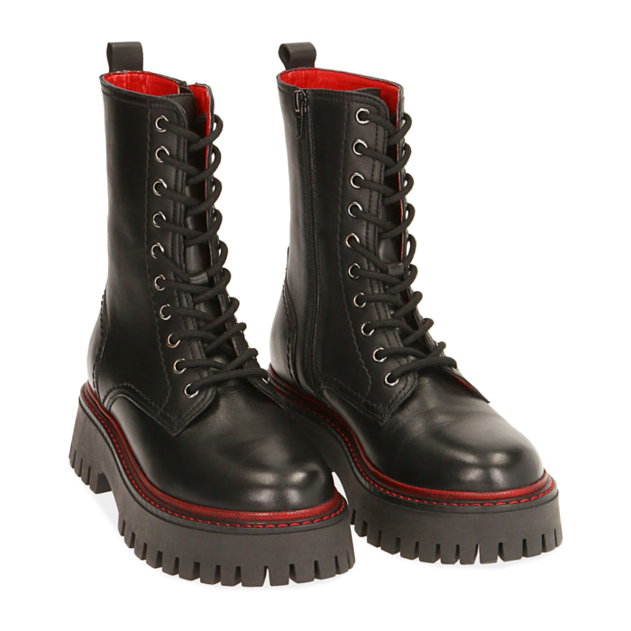 Botas militares de piel negro/rojo, tacón 4,5 cm.