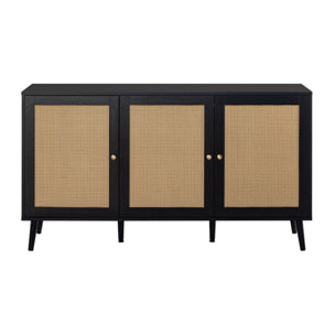 Goto - buffet bas - noir et cannage - 3 portes - 140 cm - Noir