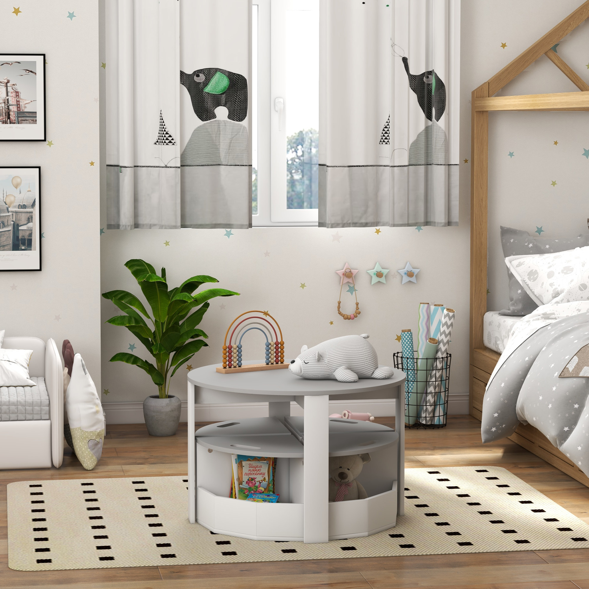 Ensemble table ronde chaises enfant encastrables 4 pers. rangements