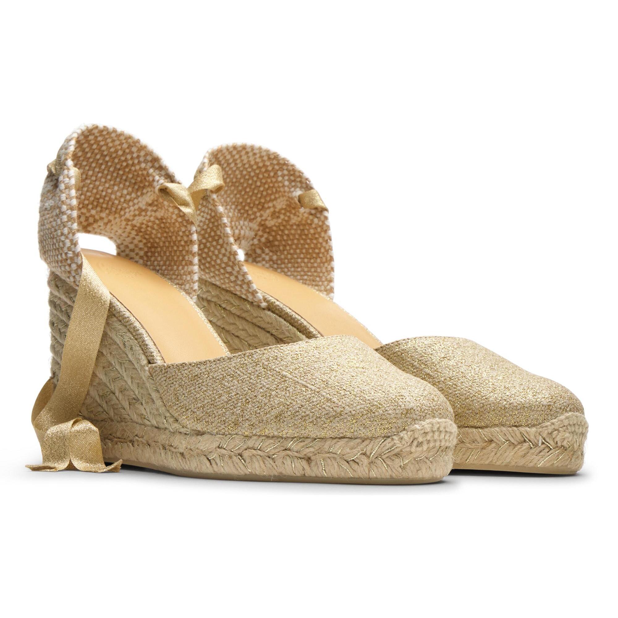Alpargatas de cuña de mujer Carina en lino metalizado, cierre mediante lazada