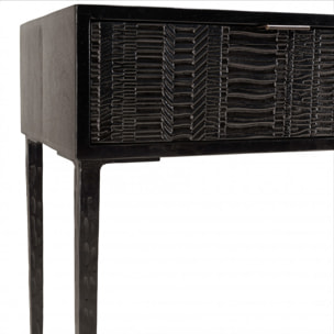 GLORIA - Console en manguier noir 2 tiroirs sculptés pieds en métal