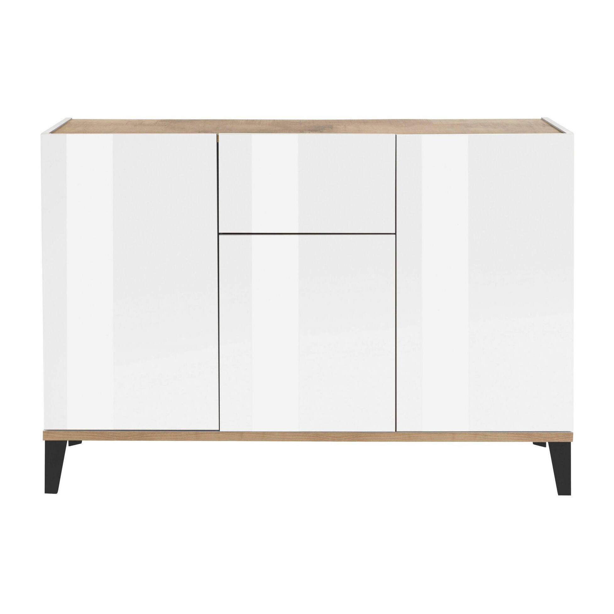 Credenza moderna a 3 ante e 1 cassetto, Made in Italy, Madia da cucina rialzata, Buffet di design da soggiorno, Cm 120x40h82, Bianco lucido e Acero