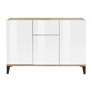 Credenza moderna a 3 ante e 1 cassetto, Made in Italy, Madia da cucina rialzata, Buffet di design da soggiorno, Cm 120x40h82, Bianco lucido e Acero