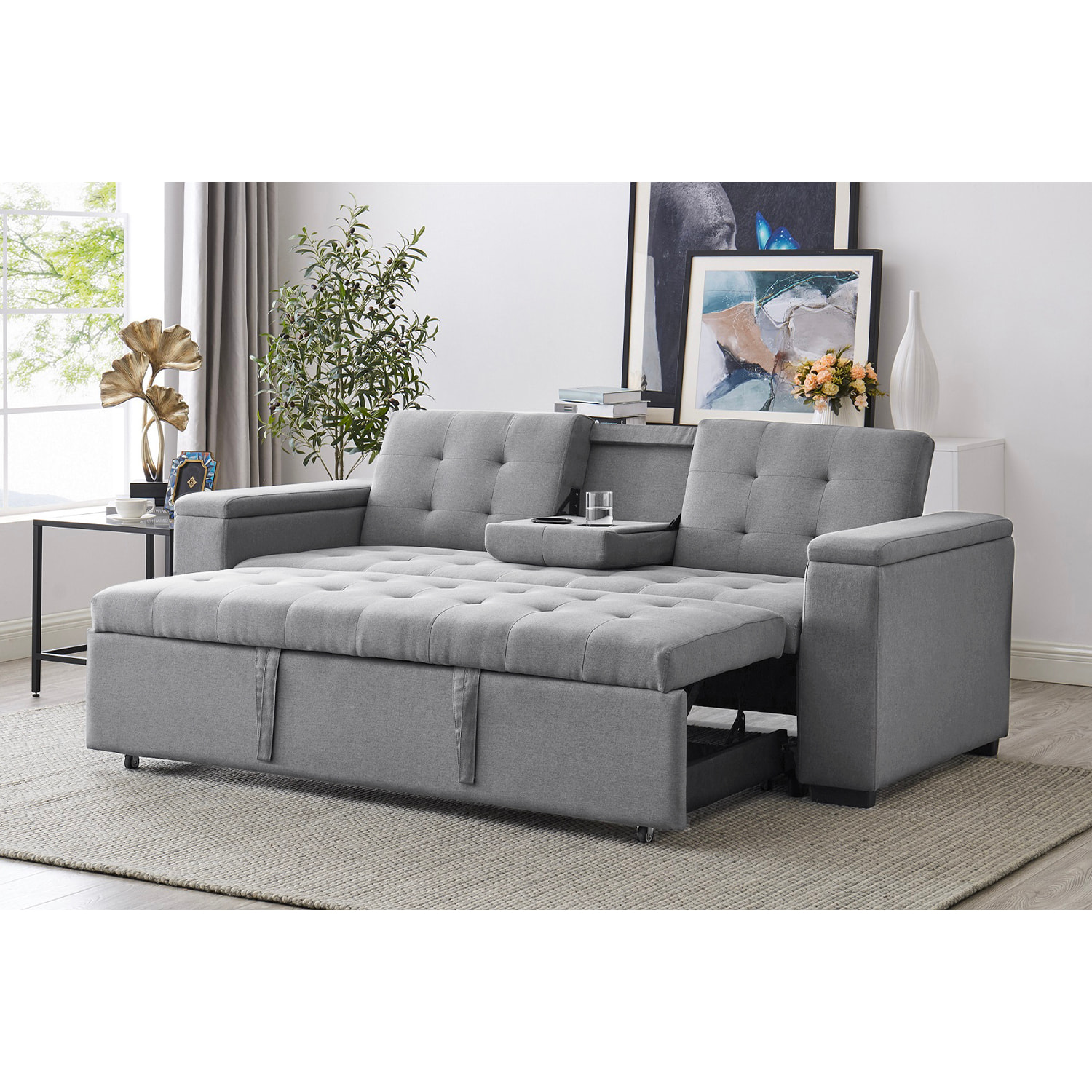 Canapé convertible 3 places en tissu gris clair TILIA