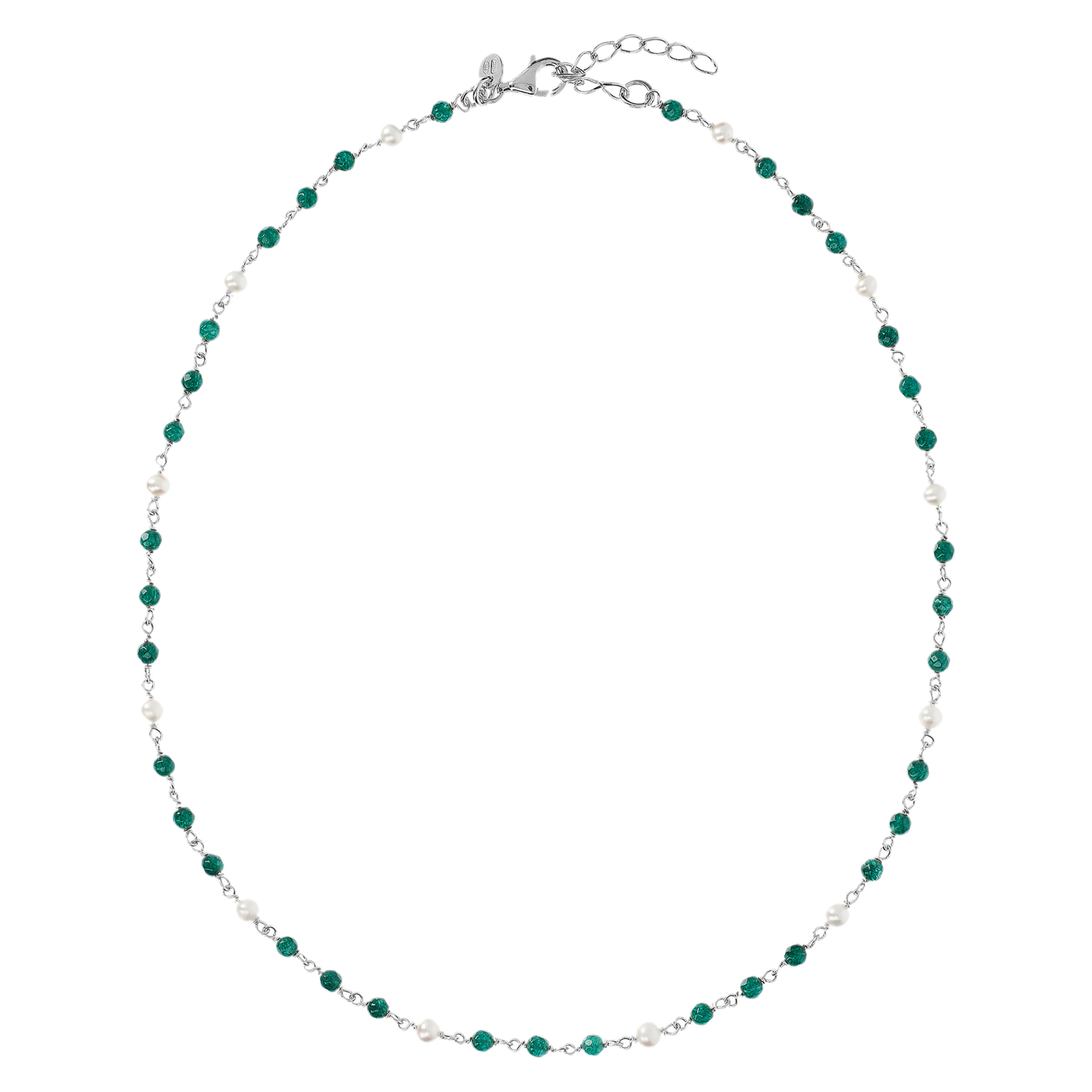 PERLAVIVA - Collana Rosario in Argento 925 placcato Oro Bianco 18Kt con Quarzo Verde e Perle Bianche d'Acqua Dolce Ø 4 mm