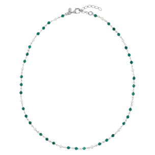 PERLAVIVA - Collana Rosario in Argento 925 placcato Oro Bianco 18Kt con Quarzo Verde e Perle Bianche d'Acqua Dolce Ø 4 mm